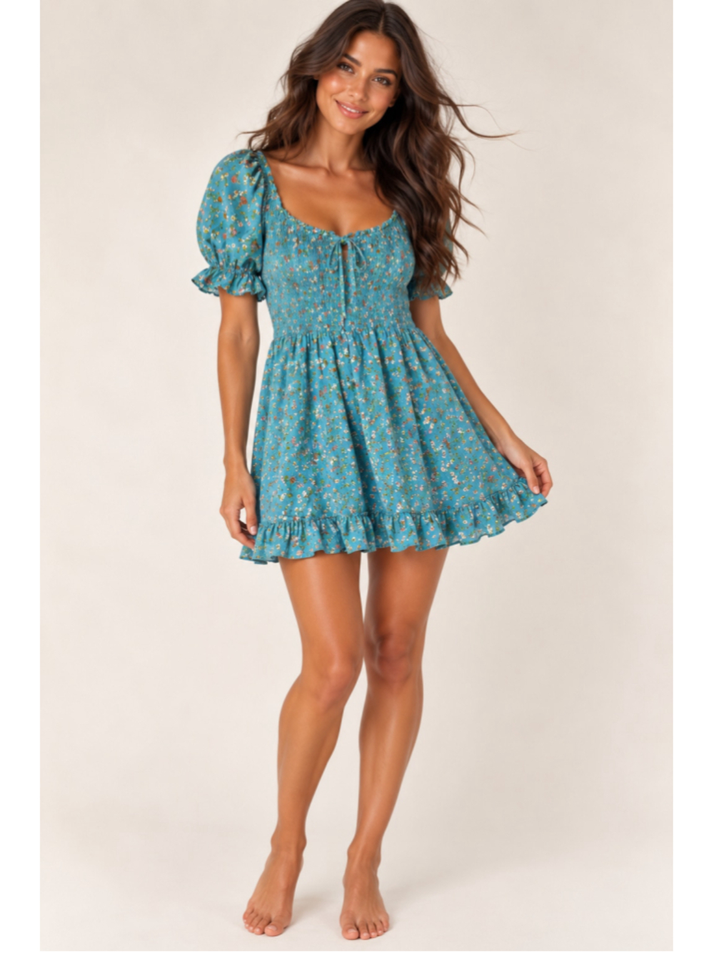 AUW Floral Smocked Mini Dress Boho Romantic Cottagecore Coquette Babydoll Picnic